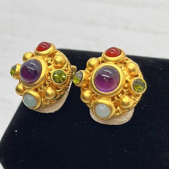Vintage Jeweled Natasha Stambouli Signed Clip-on Earrings, 24K GP, Semi Precious - Picture 2 of 8
